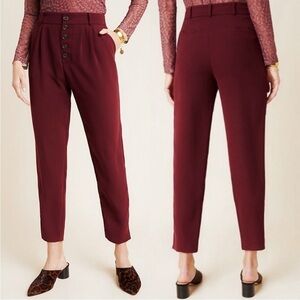 Anthropologie Sasha Button Fly Tapered High Rise Trousers Pants Wine Red Sz 8